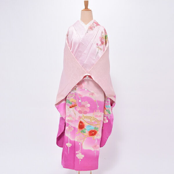 【Prices down3】【中古品】仕立て上がり 振袖 「ピンクぼかし　菊地紋に梅と糸巻」 袷 正絹 【メール..