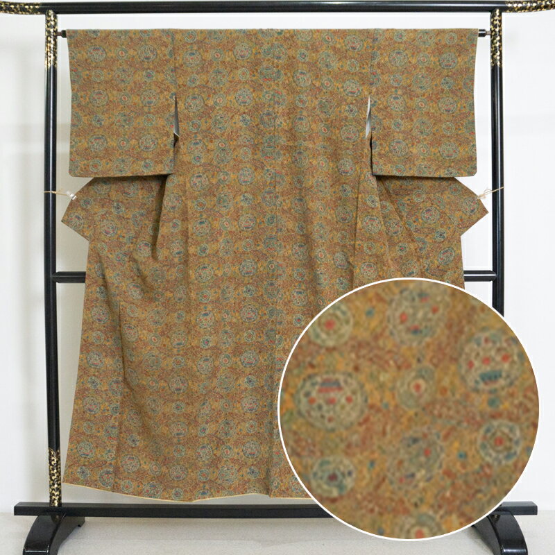 【合計3980円以上のお買い上げで送料無料】中古｜着物｜リサイクル着物｜リメイク用｜リユース｜小紋｜身丈150cm｜裄65cm｜茶｜更紗｜正絹｜袷｜着用可｜お洒落｜レトロ｜着付練習用｜カジュアル｜レディース｜kimono｜和服