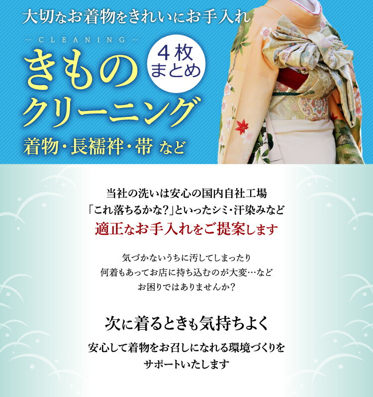 着物クリーニング 京洗い 4枚まとめ 着物 訪問着 紬 大島 小紋 付下げ 色無地 振袖 単衣着物 留袖 喪服 袴 長襦袢 帯 羽織 浴衣など きもの丸洗い 着物のお手入れ