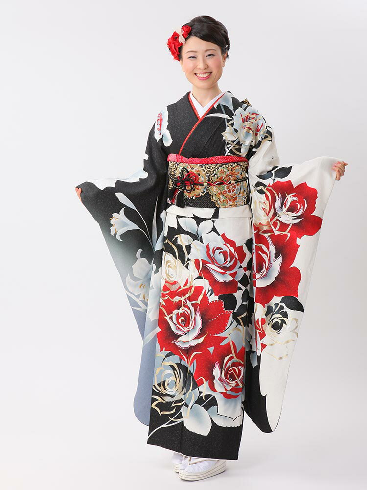 Rakuten - 【レンタル】 成人式 ご予約受付中■ 振袖レンタル 振袖 セット フルセット 白 黒 背が高い トール 古典柄 結婚式 卒業式 結納 パーティー お茶会 バラ ユリ 友禅 LLサイズ 品番：f-101 トールサイズ