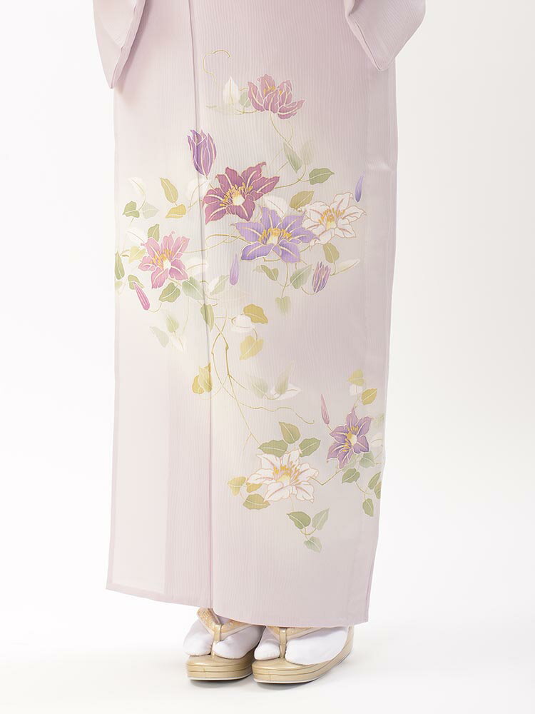 【夏用・単衣 訪問着レンタル】訪問着 フルセット 訪問着レンタル 高級 単衣 夏 6月 9月 お宮参り 結婚式 披露宴 参列 お茶会 紫 テッセン 花柄 MLサイズ 品番：e-17