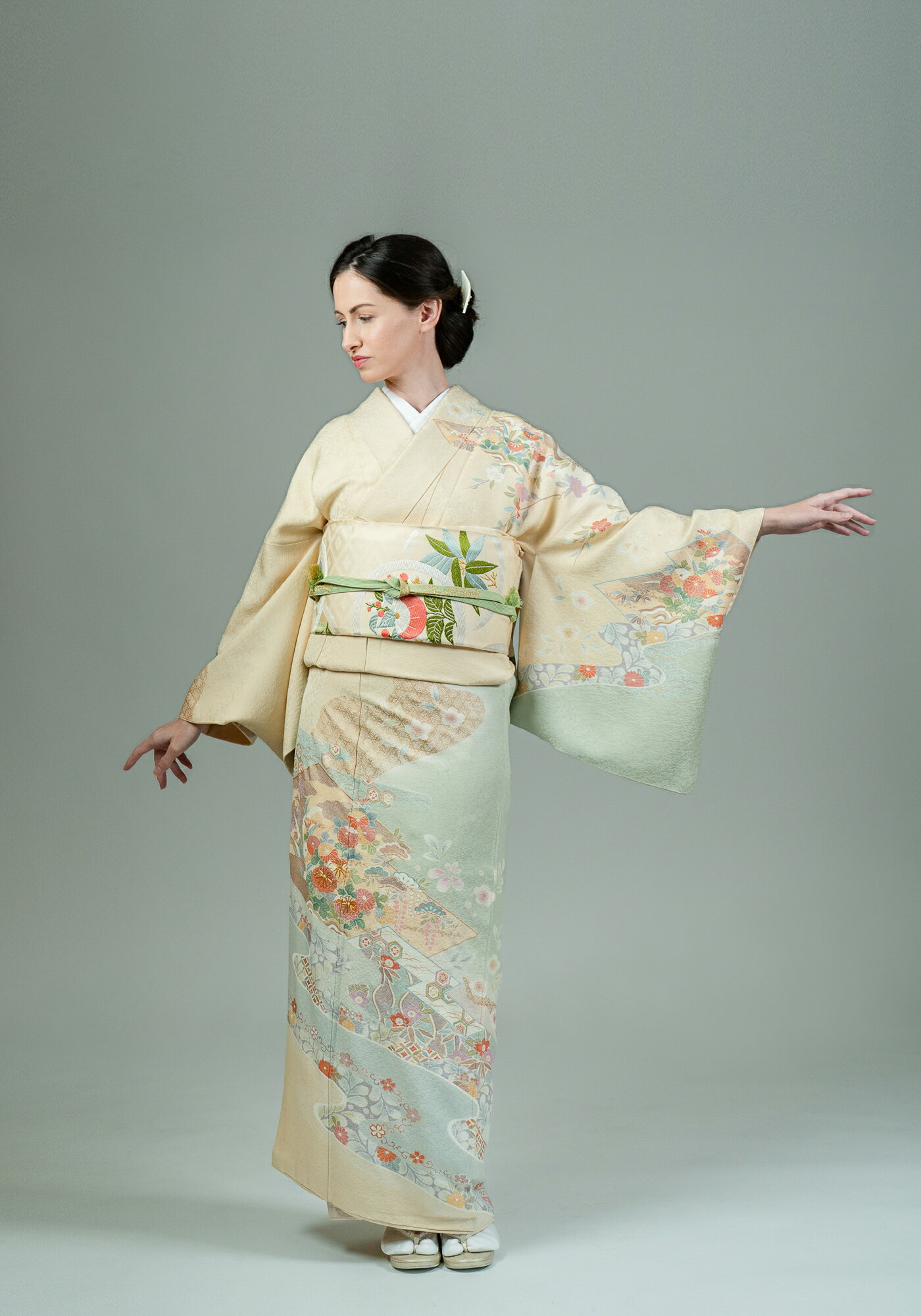 Rakuten - 【レンタル】 訪問着 レンタル フルセット 七五三 卒園式 卒業式 入学式 結婚式 披露宴 参列 お茶会 お宮参り 緑 クリーム ぼかし 古典柄 花柄 品番：h-79