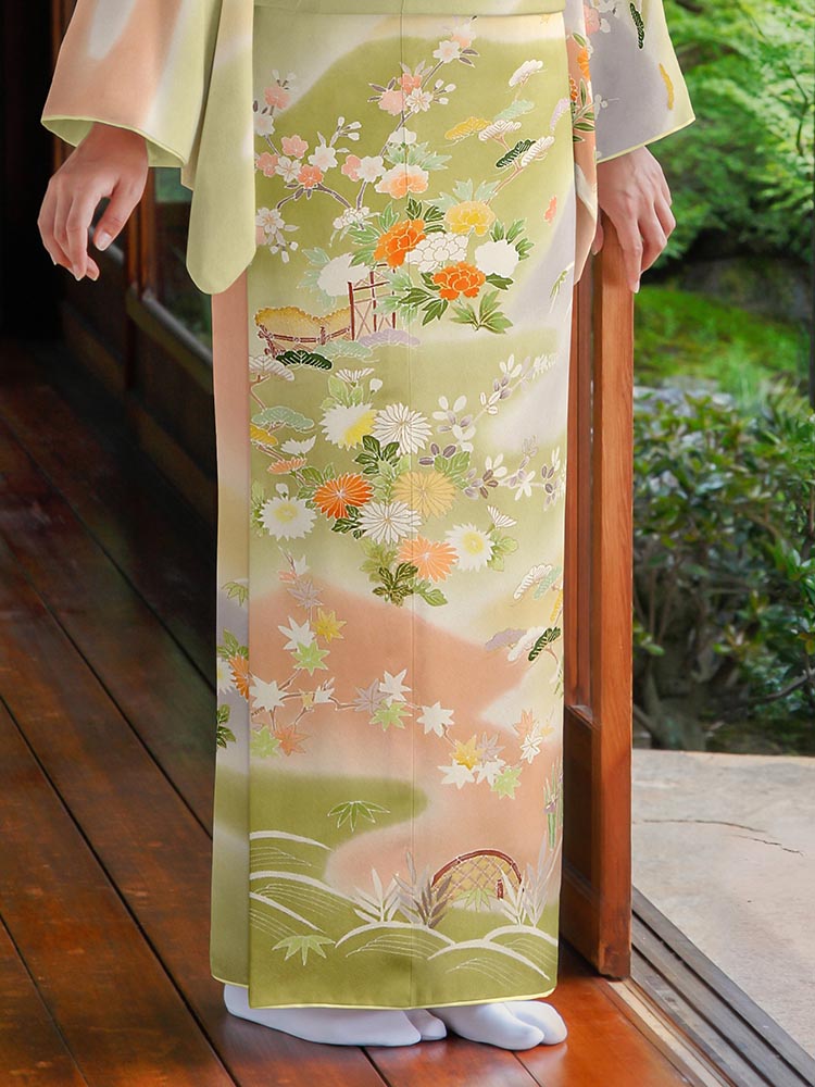 【50％OFF! スーパーSALE】 【レンタル】【高級訪問着レンタル】訪問着 高級 七五三 お宮参り 卒業式 入学式 卒園式 結婚式 白木染匠 緑系 MLサイズ 花々 品番：h-94