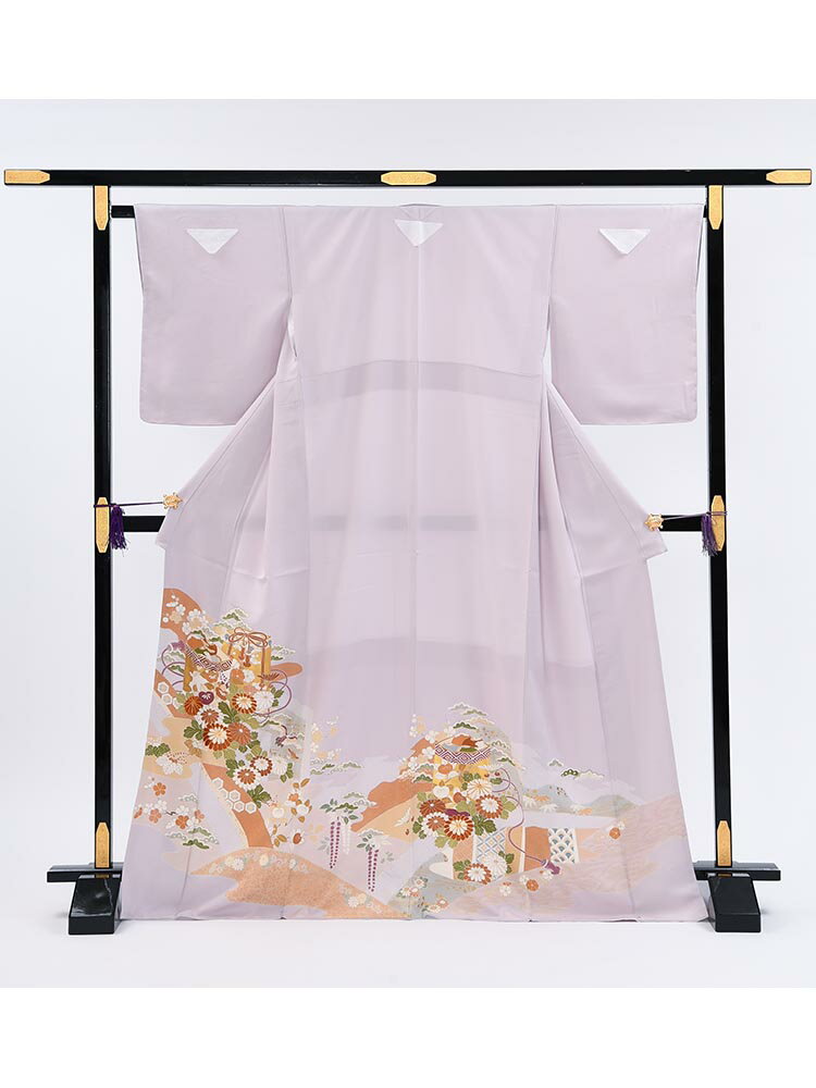 Rakuten - 【レンタル】【高級色留袖レンタル】色留袖 高級 レンタル フルセット 結婚式 パーティー 叙勲 姉妹 親戚 主賓 落ち着いた 藤グレー 藤色 紫 貝桶 古典柄 Mサイズ 　品番：I-629