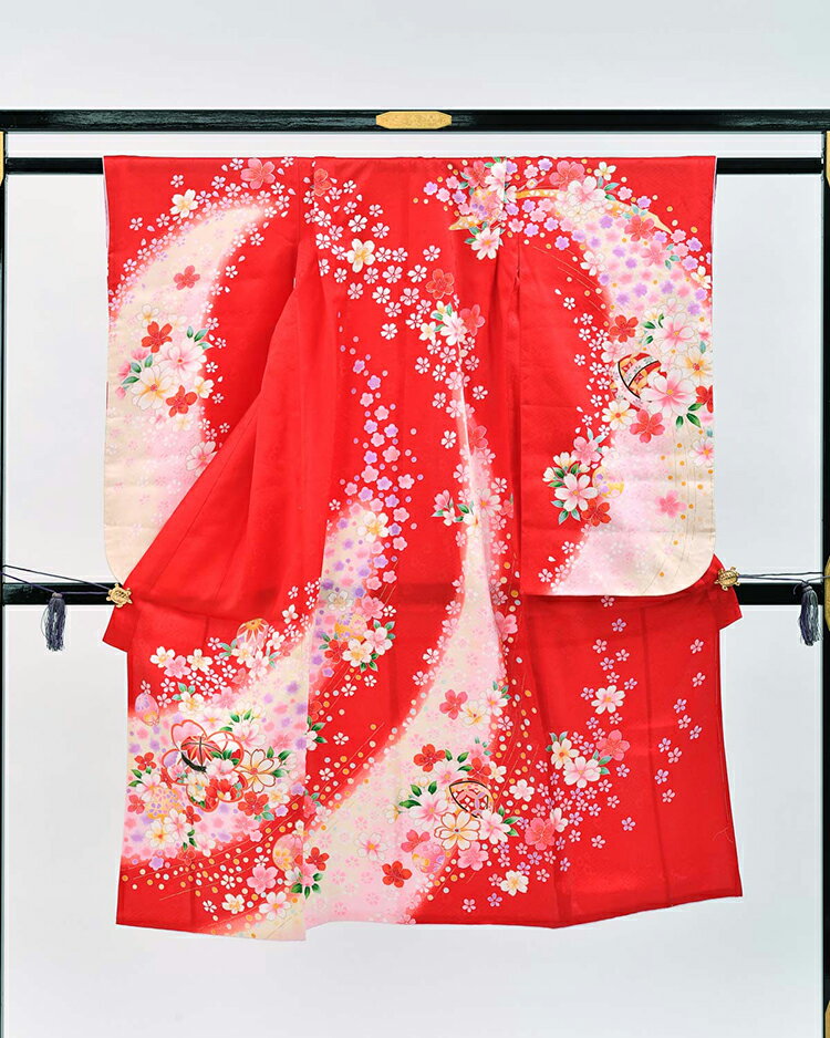 赤にピンク色の花柄と鞠柄　品番：7-209_kimono