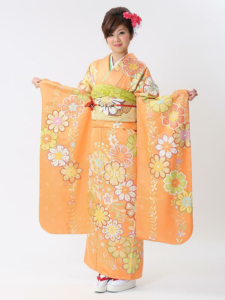 Rakuten - 【レンタル】 成人式 ご予約受付中■ 振袖レンタル 振袖 セット フルセット オレンジ 古典柄 結婚式 卒業式 花柄 友禅 高級 結婚 品番：k-36