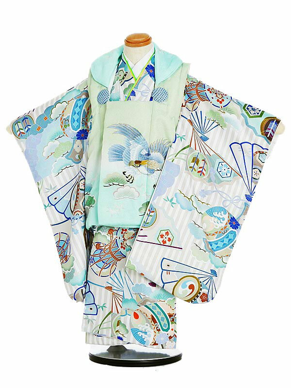 七五三 着物レンタル 3歳 男の子 被布(3歳男の子)七五三(3才男)3098/ライトグリーン鷹×グレーストライプに小槌 レンタル 3歳 男児 753 着物 男...