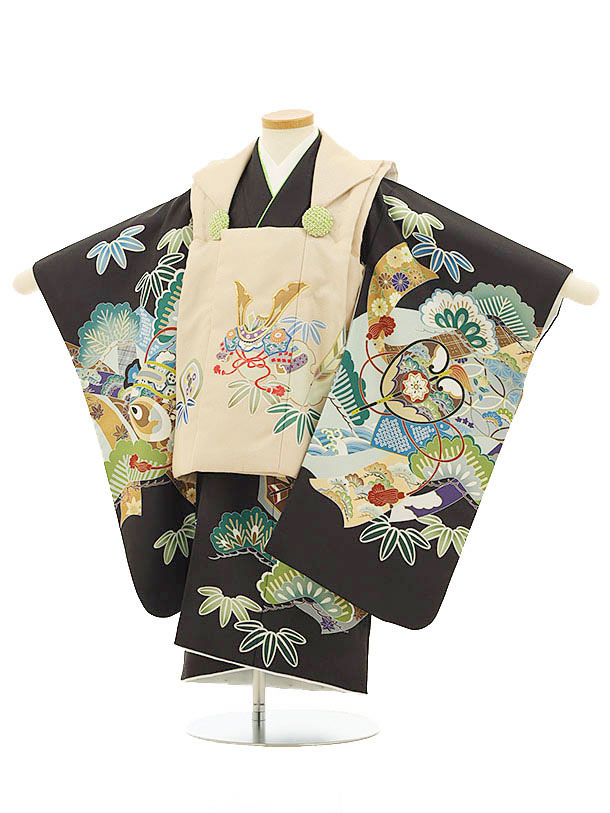 七五三 着物レンタル 3歳 男の子 被布(3歳男の子)七五三(3才男)3103/薄茶兜×黒地 松 軍配 レンタル 3歳 男児 753 着物 男の子 着物レンタル...