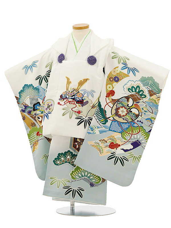 七五三レンタル(3歳男の子/被布)3112/白兜×白地 松 軍配 小槌 きものレンタル 七五三 子供和装 被布コート 貸衣装☆新品足袋プレゼント☆fy16REN...