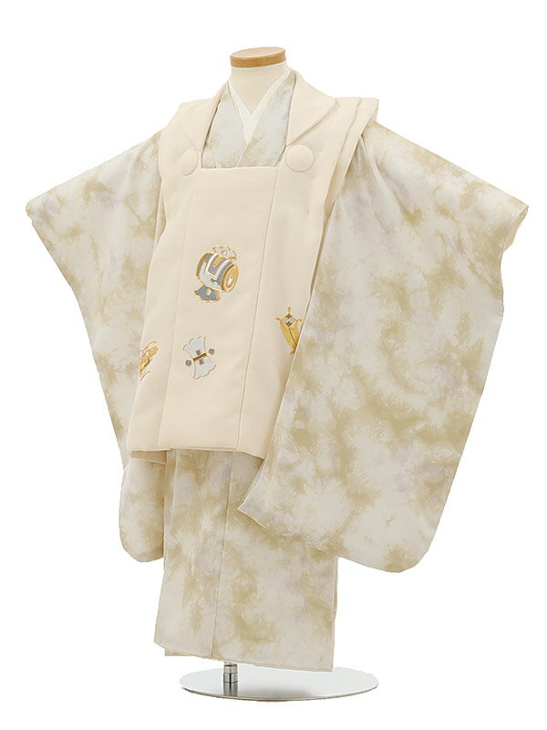 七五三レンタル(3歳男の子/被布)3122/オフホワイト小槌×金茶マーブル きものレンタル 七五三 子供和装 被布コート 貸衣装☆新品足袋プレゼント☆fy16R...