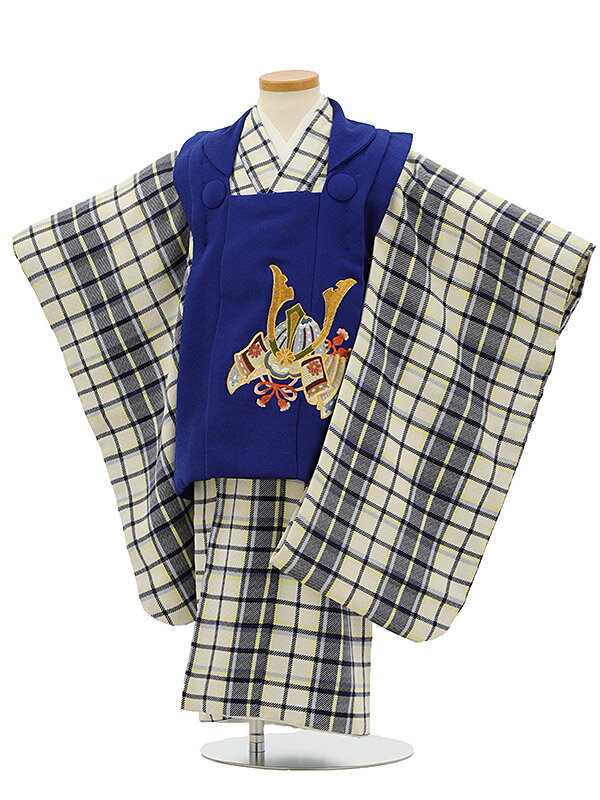 七五三レンタル(3歳男の子/被布)3123/藍色兜×グレーチェック柄 きものレンタル 七五三 子供和装 被布コート 貸衣装☆新品足袋プレゼント☆fy16REN0...