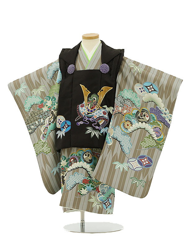 七五三レンタル(3歳男の子/被布)3137/黒兜×グレ−と薄茶矢絣 松 小槌 レンタル 3歳 男児 753 着物 男の子 着物レンタル きものレンタ...