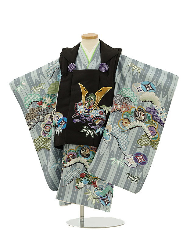 七五三レンタル(3歳男の子/被布)3138/黒兜×グレーとスカイグレー矢絣 松 小槌 レンタル 3歳 男児 753 着物 男の子 着物レンタル きものレンタル ...