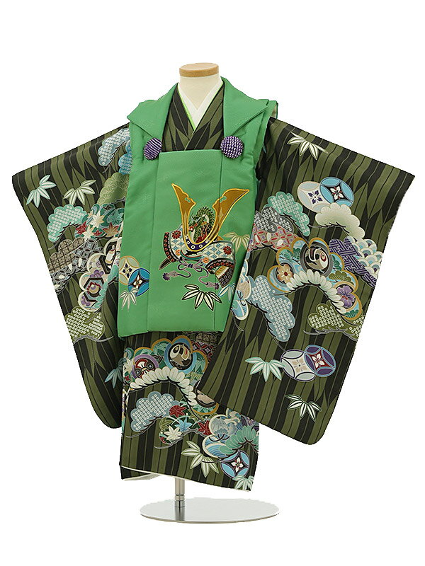 七五三レンタル(3歳男の子/被布)3140/ライトグリーン兜×深緑 黒矢絣 松 小槌 レンタル 3歳 男児 753 着物 男の子 着物レンタル きものレンタル ...