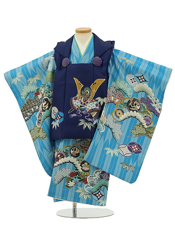 七五三レンタル(3歳男の子/被布)3141/紺兜×空色 濃水色矢絣 松 小 レンタル 3歳 男児 753 着物 男の子 着物レンタル きものレンタル 七五三 子...
