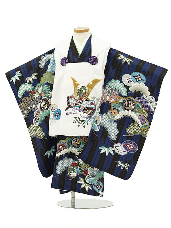 七五三 着物 3歳 男の子 レンタル(3歳男の子/被布)3142/紺兜×白兜×藍色 黒矢絣 松 小槌 レンタル 3歳 男児 753 着物 男の子 着物レンタル ...
