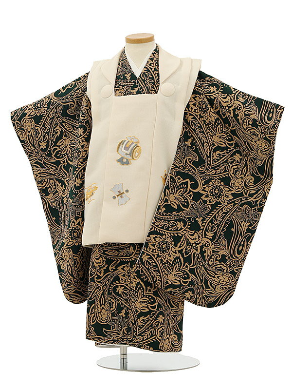 七五三レンタル(3歳男の子/被布)3145/オフホワイト小槌×深緑地 ペイズリー きものレンタル 七五三 子供和装 被布コート 貸衣装☆新品足袋プレゼント☆fy...