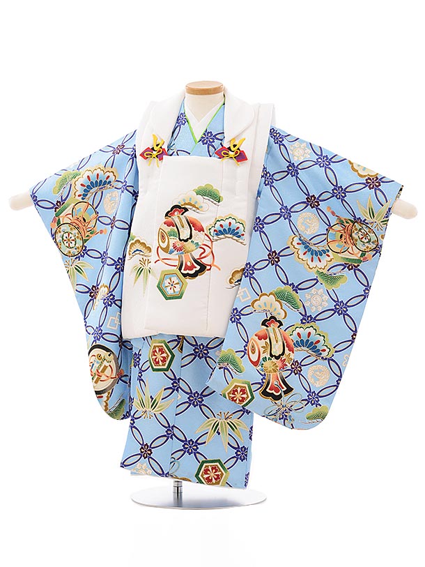 七五三レンタル(3歳男の子/被布)3148/白小槌×水色小槌 七五三 子供和装 被布コート 貸衣装☆新品足袋プレゼント☆fy16REN07【レンタル】
