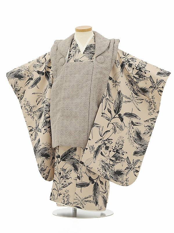 七五三 レンタル (3歳 男の子 被布) 3151/グレーブラン×ベージュ ボタニカル柄 レンタル 3歳 男児 753 着物 男の子 着物レンタル きものレンタ...