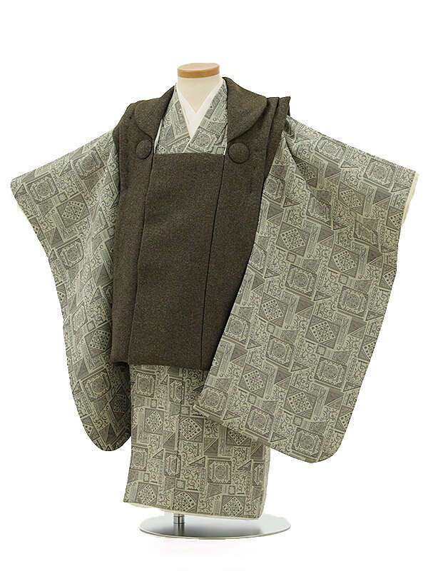 七五三レンタル(3歳男の子/被布)3153/こげ茶×グレー 洋柄 レンタル 3歳 男児 753 着物 男の子 着物レンタル きものレンタル 七五三 子供和装 被...
