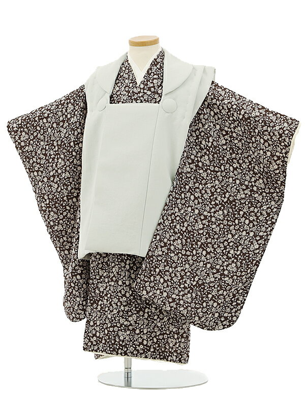 七五三レンタル(3歳男の子/被布)3155/薄グレー×茶色 小花 3歳 男児 753 着物 男の子 着物レンタル きものレンタル 七五三 子供和装 被布コート ...