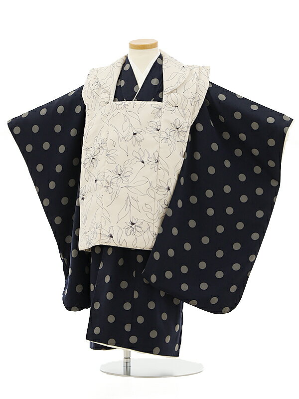 七五三レンタル(3歳男の子/被布)3156/生成色花×濃藍色 水玉 レンタル きものレンタル 七五三 子供和装 被布コート 貸衣装☆新品足袋プレゼント☆fy16...