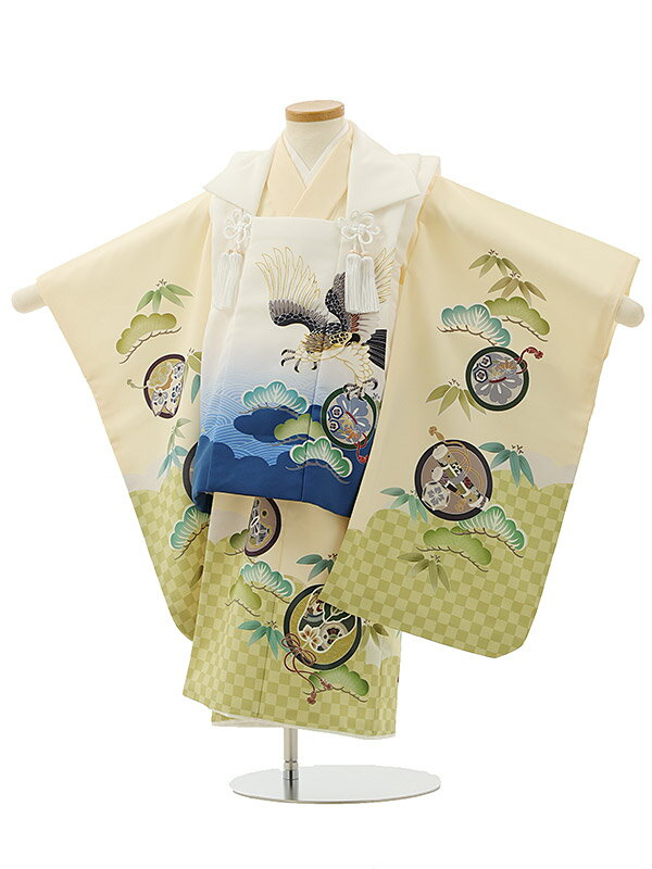 七五三レンタル(3歳男の子/被布)3160/白 鷹×アイボリー地 祝柄 レンタル きものレンタル 七五三 子供和装 被布コート 貸衣装☆新品足袋プレゼント☆fy...