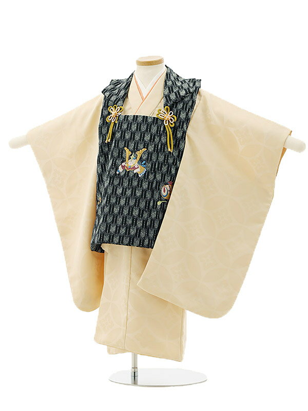 七五三レンタル(3歳男の子/被布)3161/黒 矢絣 兜×ベージュ地 七宝 レンタル きものレンタル 七五三 子供和装 被布コート 貸衣装☆新品足袋プレゼント☆...