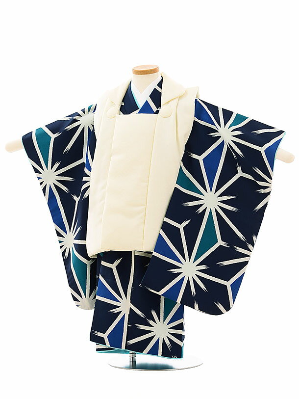 七五三 着物レンタル 3歳 男の子 被布(3歳男の子)七五三(3才男)A213薄クリーム×紺緑破れ麻の葉 レンタル 3歳 男児 753 着物 男の子 着物レンタ...