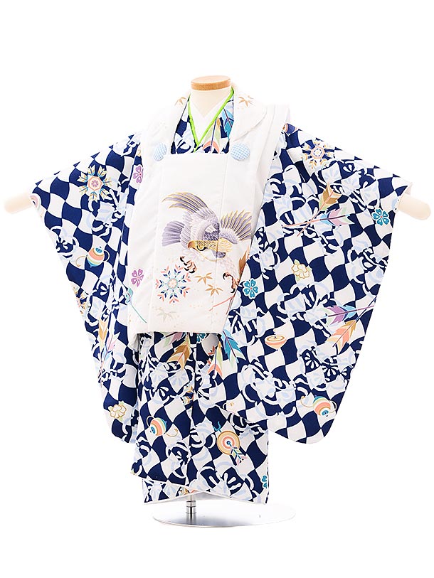 七五三 男の子 レンタル 被布 矢羽根 レンタル 3歳 男の子 被布（3歳男の子）七五三(3才男)A222白×紺 白 矢 駒 レンタル 3歳 男児 753 着物 男の子 着物レンタル きものレンタル 七五三 子供和装 被布コート 貸衣装☆新品足袋プレゼント☆fy16REN07【レンタル】