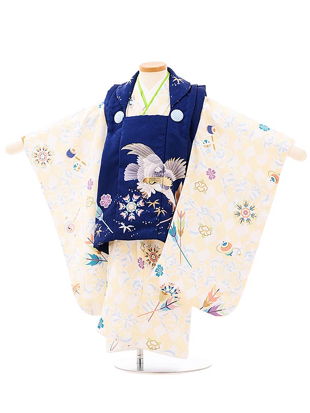 七五三 着物レンタル 3歳 男の子 被布（3歳男の子）七五三(3才男)A225紺×クリーム 祝い柄 レンタル 3歳..