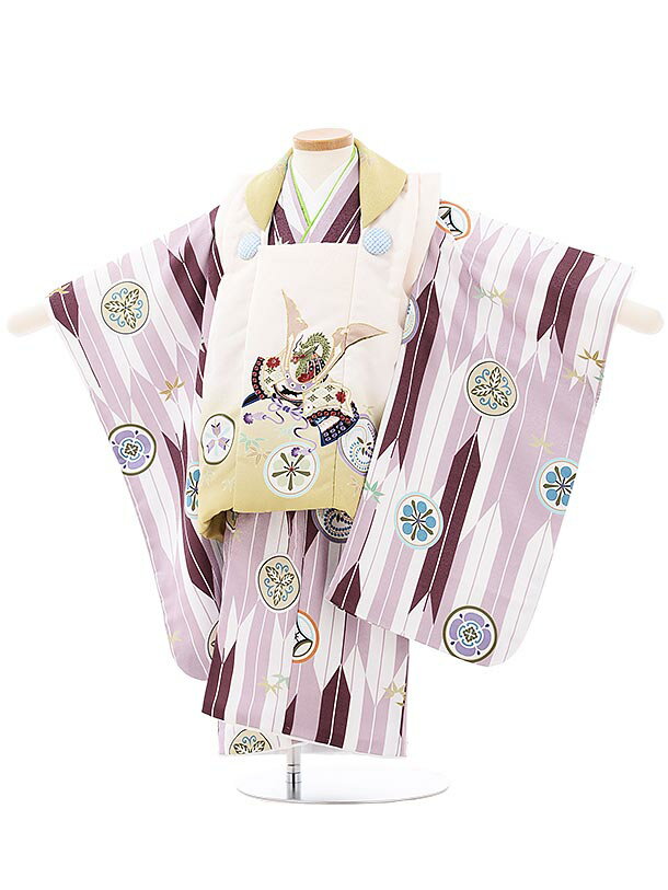 七五三 着物レンタル 3歳 男の子 被布(3歳男の子)七五三(3才男)A226白×薄紫 矢絣 花紋 レンタル 3歳 男児 753 着物 男の子 着物レンタル き...