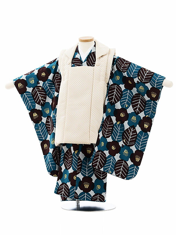 七五三 着物レンタル 3歳 男の子 被布(3歳男の子)七五三(3才男)A261ベージュドット四角×水色地椿葉文様 レンタル 3歳 男児 753 着物 男の子 着...