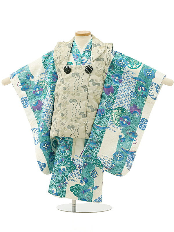 七五三レンタル(3歳男の子/被布)3130/薄金葉×ターコイズ地宝舟 きものレンタル 七五三 子供和装 被布コート 貸衣装☆新品足袋プレゼント☆fy16REN0...
