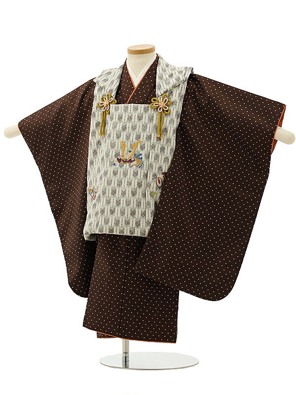 七五三レンタル(3歳男の子/被布)3174/白 矢絣 兜×こげ茶色 白ドット柄 レンタル きものレンタル 七五三 子供和装 被布コート 貸衣装☆新品足袋プレゼン...