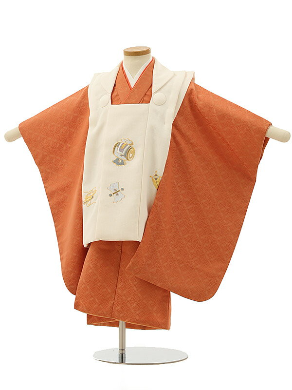 七五三レンタル(3歳男の子/被布)3179/ベージュ小槌×オレンジ地 七宝 レンタル 七五三 子供和装 被布コート 貸衣装☆新品足袋プレゼント☆fy16REN0...