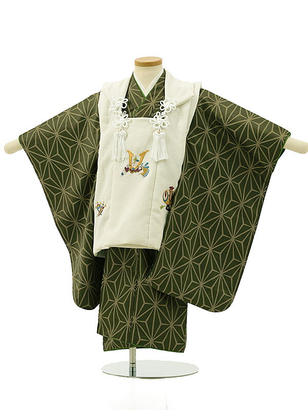 七五三レンタル(3歳男の子/被布)3185/白 兜×草色 麻の葉 レンタル 七五三 子供和装 被布コート 貸衣装☆新品足袋プレゼント☆fy16REN07【レンタ...