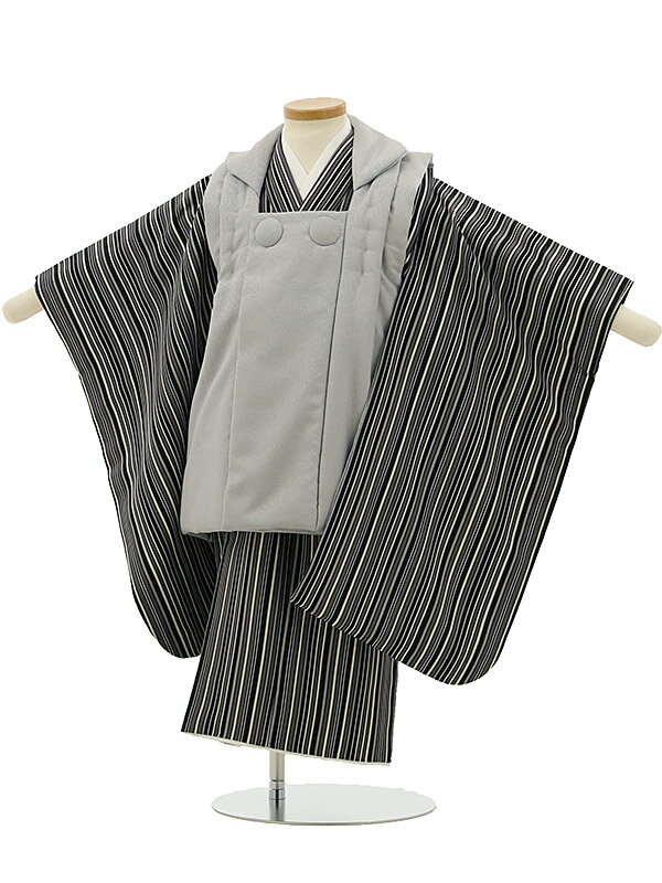 七五三レンタル(3歳男の子/被布)3187/薄グレー×縦縞柄 レンタル 七五三 子供和装 被布コート 貸衣装☆新品足袋プレゼント☆fy16REN07【レンタル】