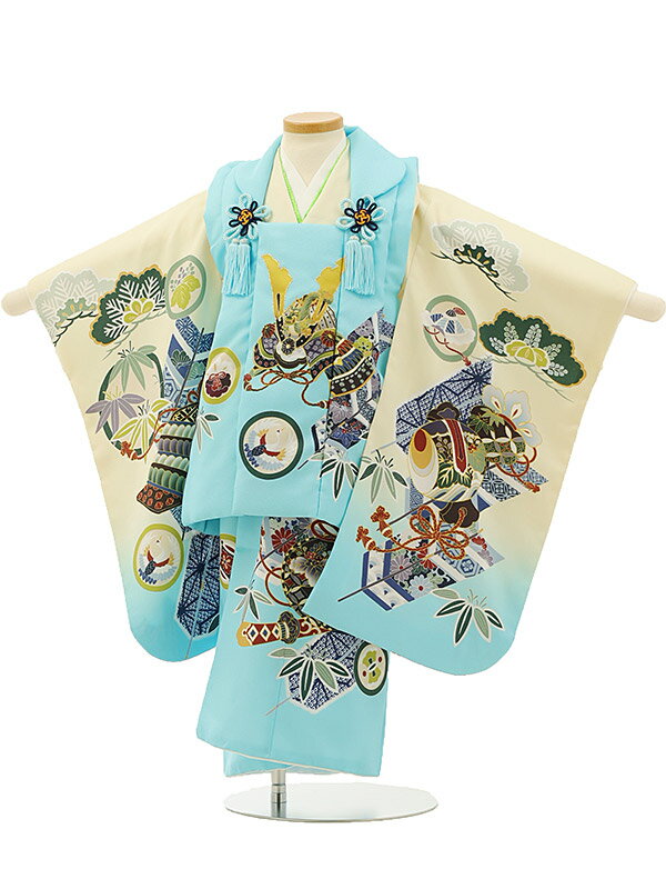 七五三レンタル(3歳男の子/被布)3193/水色兜×薄黄色矢羽根祝い柄 レンタル 七五三 子供和装 被布コート 貸衣装☆新品足袋プレゼント☆fy16REN07【...
