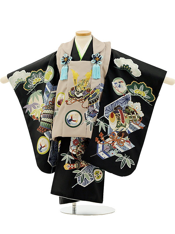 七五三レンタル(3歳男の子/被布)3194/薄茶兜×黒地矢羽根祝い柄 レンタル 七五三 子供和装 被布コート 貸衣装☆新品足袋プレゼント☆fy16REN07【レ...
