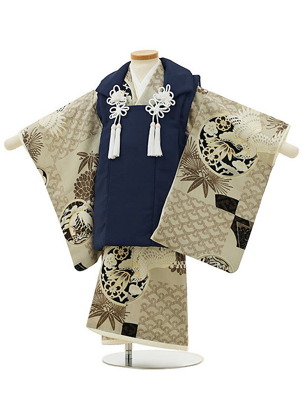 七五三レンタル(3歳男の子/被布)3197/紺×くすみアイボリー鷹 舟 レンタル 七五三 子供和装 被布コート 貸衣装☆新品足袋プレゼント☆fy16REN07【...