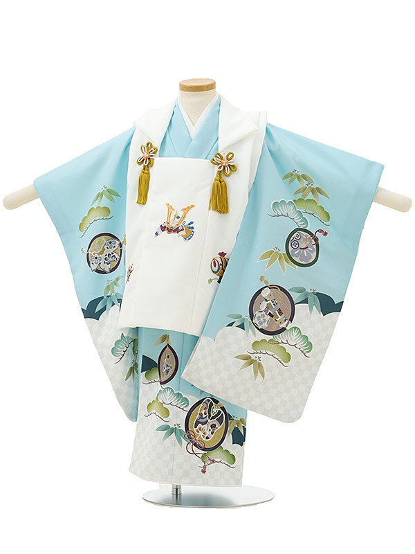 七五三レンタル(3歳男の子/被布)3201/白刺繍兜×水色地吉祥文様 レンタル 七五三 子供和装 被布コート 貸衣装☆新品足袋プレゼント☆fy16REN07【レ...