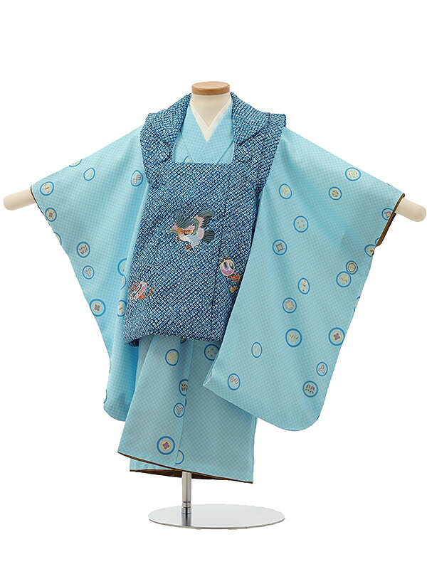 七五三 着物 3歳 七五三 着物レンタル 3歳 男の子 被布(3歳男の子)七五三(3歳男の子/被布)A276 青鹿の子×水色市松丸紋 レンタル 3歳 男児 75...