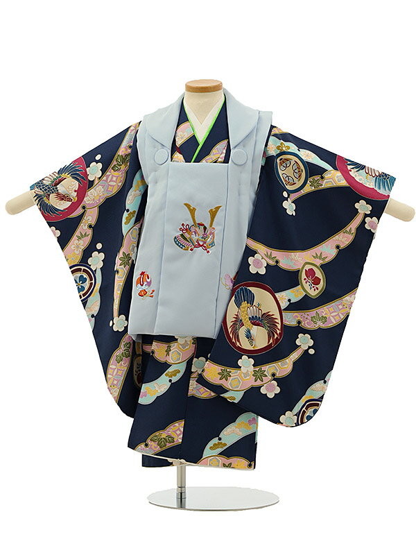 七五三 着物レンタル 3歳 男の子 被布(3歳男の子)七五三(3歳男の子/被布)A282 水色 刺繍兜×濃紺地 鷹と海 レンタル 3歳 男児 753 着物 男の...