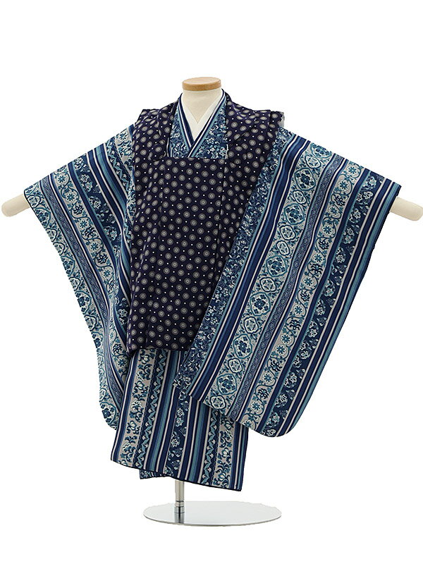 七五三 着物レンタル 3歳 男の子 被布(3歳男の子)七五三(3歳男の子/被布)A291 紺 ドット×紺地洋花 レンタル 3歳 男児 753 着物 男の子 着物...