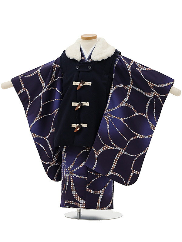 七五三レンタル(3歳男の子/被布)A30Y/ダッフル紺色×紺色 洋柄 レンタル 七五三 子供和装 被布コート 貸衣装☆新品足袋プレゼント☆fy16REN07【レ...