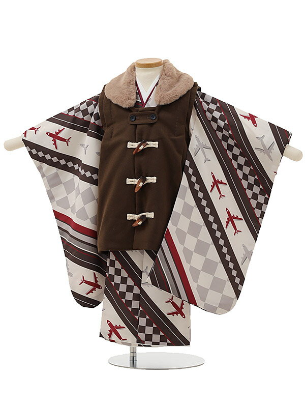 七五三レンタル(3歳男の子/被布)A31B/ダッフル茶色×白地 飛行機 レンタル 七五三 子供和装 被布コート 貸衣装☆新品足袋プレゼント☆fy16REN07【...