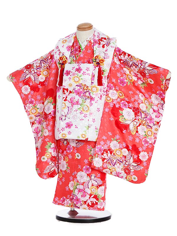 七五三 着物 レンタル 3歳 女の子 被布 セット 3歳の着物レンタル(女の子)3012白桜蝶×コーラル地鞠蝶 レンタル 3歳 女児 被布 七五三 753 着物...