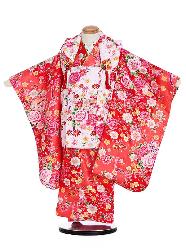七五三 着物 レンタル 3歳 女の子 被布 セット 3歳の着物レンタル（女の子）3015桜色バラ小花×赤ぼかしバラ鞠 レンタル 3歳 女児 被布 七五三 753 着物 三 女の子 着物 お祝い着 3才 きものレンタル おんなのこ 新品足袋プレゼント 被布コート fy16REN07【レンタル】