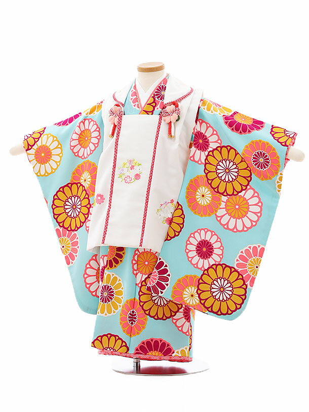 七五三 着物 レンタル 3歳 女の子 被布 セット 3歳の着物レンタル(女の子)3022白 花×水色地 菊文様レンタル 3歳 女児 被布 七五三 753 着物 ...